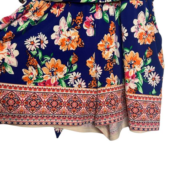MARKET & SPRUCE Floral Romper 3/4 Sleeve V-Neck Tie Waist Blue Mutli Size L NWT - Picture 7 of 11